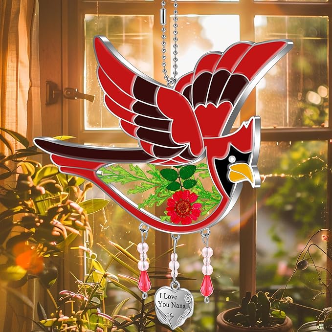 KY&BOSAM Cardinal Suncatcher Nana Gifts I Love You Nana Stained Glass Suncatchers Hanging Ornament for Window Wind Chime Birthday Gifts for Women Nana Grandma Mother`s Day Christmas Tree Gifts