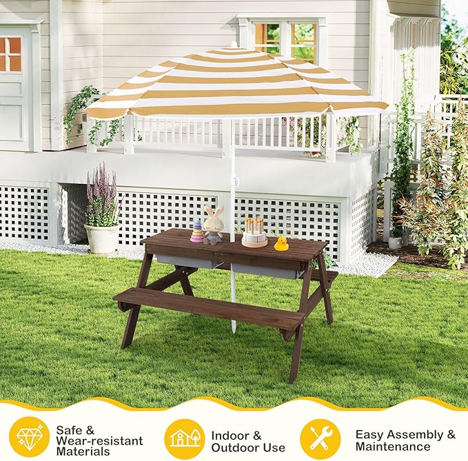 Costzon Kids Picnic Table with Sensory Bins, 4 in 1 Sand and Water Table with Height Adjustable Umbrella, Removable Tabletop for Outdoor Backyard Patio Play