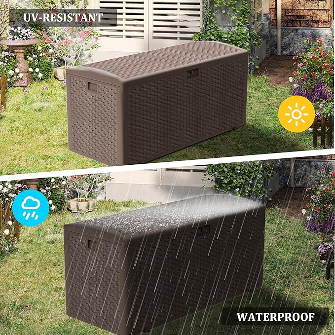 Premium Pro Edition 180 Gallon Lockable Resin Deck Box, Waterproof & UV-Resistant Outdoor Storage Box for Outdoor Cushion Storage, Garden Tools & Pool Accessories Storage, Brown