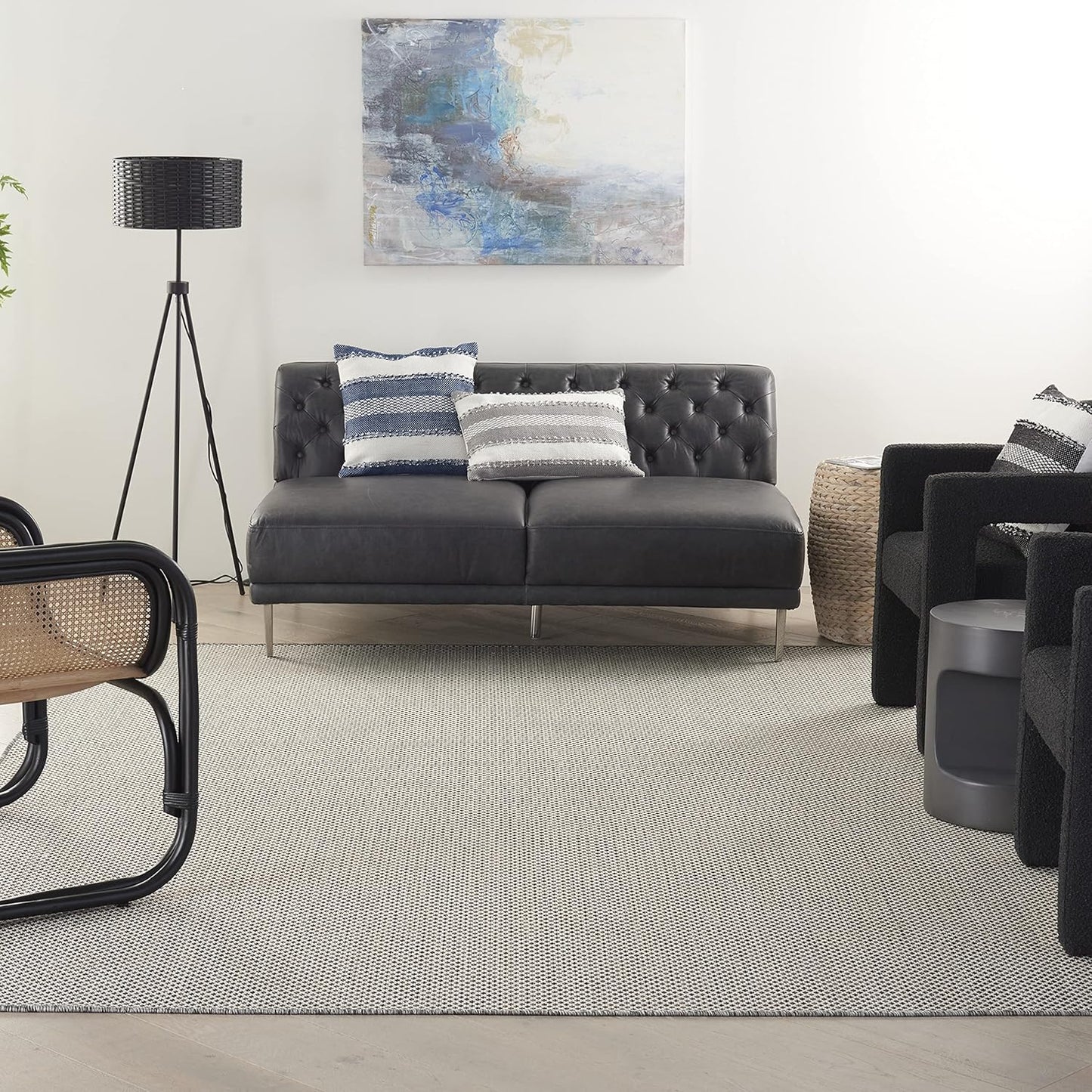 Nourison Home Courtyard Indoor/Outdoor Ivory Charcoal 7' x 10' Area Rug, Geometric, Easy Cleaning, Non Shedding, Bed Room, Living Room, Dining Room, Deck, Patio, Backyard (7x10)