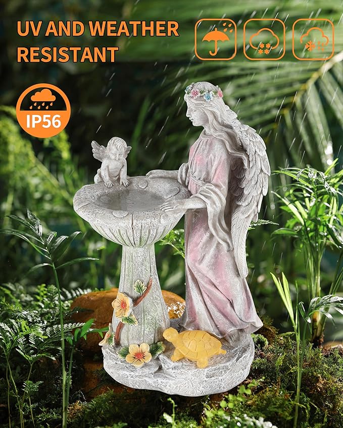 iStatue Solar Angel with Mushroom Bird Bath Statue - 9.5'' Garden Decor for Outside Clearance, Color-Changing Lights Lawn Ornaments Baby Turtle Figurine for Yard Patio Balcony (Angel)