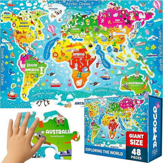 QUOKKA Giant Floor Puzzle for Kids Ages 4-6 – 2x3 Feet Extra-Thick 48 Pieces Toddler Puzzle Ages 3-5 – World Map Educational Activity for Boys Girls – Premium Box with Sturdy Handle & Magnetic Closure