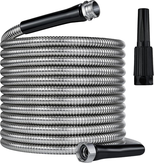 304 Stainless Steel Garden Hose 75FT-2025New Upgraded Metal Expandable Hoses With Nozzle And 3/4 Solid Fitting, Sturdy and Lightweight, Kink-Free, Rust Proof &Ultra-Durable Water Hose For Yard Camper