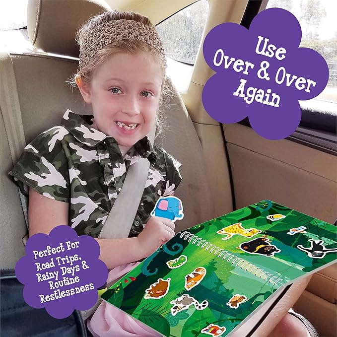 Reusable Jelly Sticker Book, 60 Wild Animals Thick Jelly Stickers Waterproof Gel Cling Decals Jungle Themed Busy Book Hands-on Activity Travel Game Educational Learning Toys for Toddlers, Kids