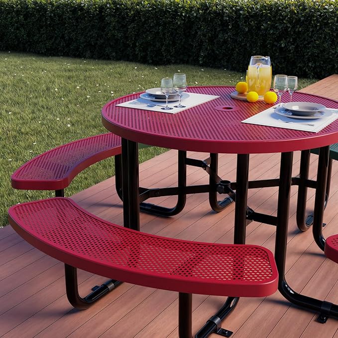 Metal Picnic Tables for Outdoors with Umbrella Hole - Coated Steel Heavy Duty Commercial Grade Table with Adjustable Seats (Red, 46 in, Round, Punched Steel)