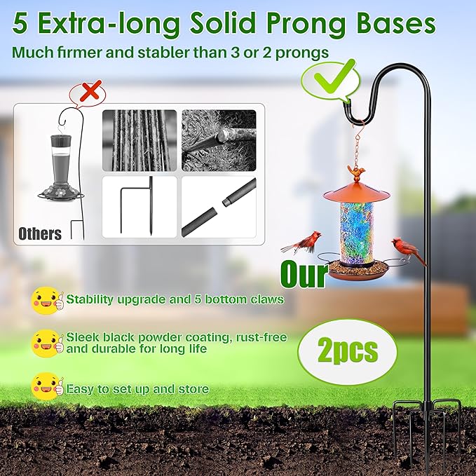 XDW-GIFTS Bird Feeder Pole for Outdoor, 2-Pack 76 Inch Shepherds Hooks Heavy Duty Garden Pole for Hanging Plant Basket, Solar Light Lanterns, Garden Plant Hanger Stands with 5 Base Prongs