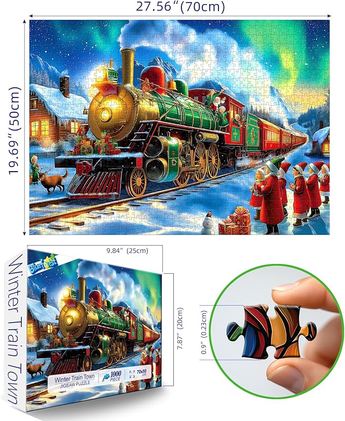 Christmas Train 1000 Piece Puzzle for Adults - Vintage Winter Holiday Jigsaw Puzzles with Northern Lights Scene - Challenging Adult Christmas Puzzles for Game Night, Seasonal Decor
