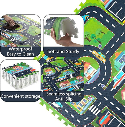 Foam Play Mat for Baby, Interlocking Foam Tiles, City Road Track Puzzle Mat 12 Pieces