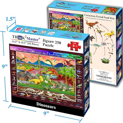 Think2Master Colorful Dinosaurs 250 Pieces Jigsaw Puzzle Fun Educational Toy for Kids, School & Families. Great Gift for Boys & Girls Ages 8+ to Stimulate Learning. Size: 14.2” X 19.3””