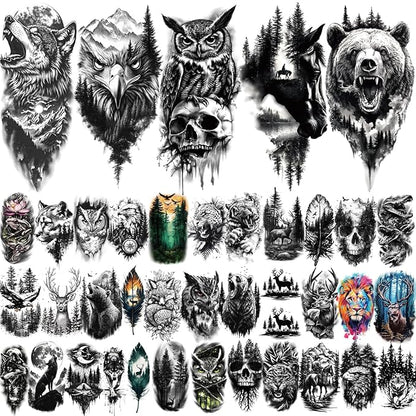 77 Sheets Forest Animals Temporary Tattoo for Women Men, 17 Sheets Half Arm Large Lion Tiger Wolf Fake Tattoos, 60 Sheets Black Skull Owl Bear Tiny for Adult Kids Body Tattoos Stickers Realistic