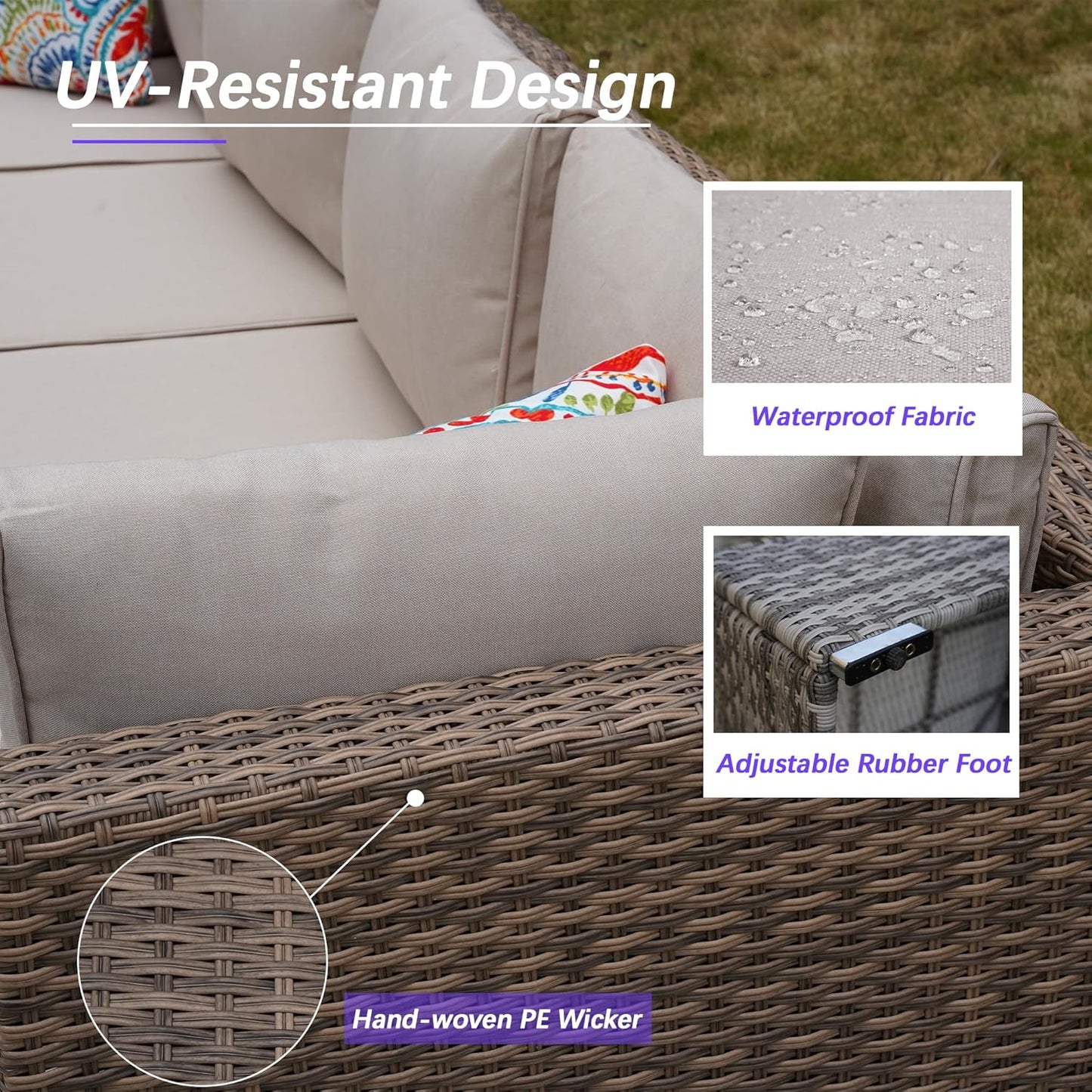 7 Piece Patio Furniture Set, Outdoor Couch Set—All-Weather Outdoor Furniture Sectional w Water Resistant Thick Cushions, Patio Sofa Set w 2 Extra Pillows and Coffee Table, Beige/Brown