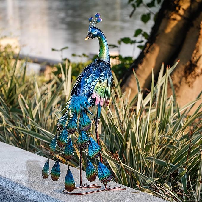 TERESA'S COLLECTIONS Outdoor Decor Peacock Yard Art Garden Sculptures & Statues,Blue Small Metal Bird Lawn Ornaments,18" Outside Mardi Gras Decorations for Porch,Patio,Pond Decor,Gifts for Mom