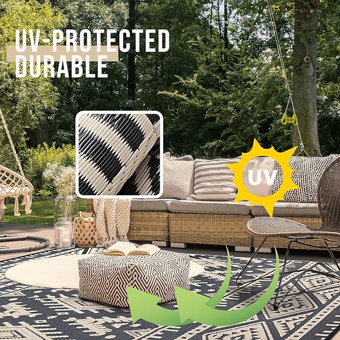 OLANLY Outdoor Rug Waterproof 9x18 ft, Reversible Outdoor Plastic Straw Rug, Boho Patio Rug, Indoor Outdoor Carpet, RV Mat Outside for Patio, Camp, Picnic, Balcony, Deck, Backyard, Black & Beige