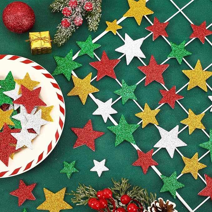 JULBEAR Star Foam Sticker, 300Pcs Christmas Glitter Star Shapes Foam Stickers for Kids Holiday Xmas Party Favors Toddler DIY Crafts Supplies Home Decorations(Red Green Gold Silver)