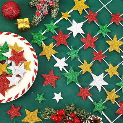 JULBEAR Star Foam Sticker, 300Pcs Christmas Glitter Star Shapes Foam Stickers for Kids Holiday Xmas Party Favors Toddler DIY Crafts Supplies Home Decorations(Red Green Gold Silver)