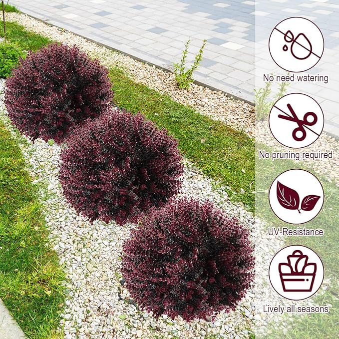 Yunlly 2 Pcs 18 Inch Artificial Boxwood Ball Topiary Tree Fake Outdoor Plants Bush, UV Resistance Faux Shrub with Spike Realistic Greenery Potted for Indoor Garden Yard Porch Patio Decor (Dark Purple)