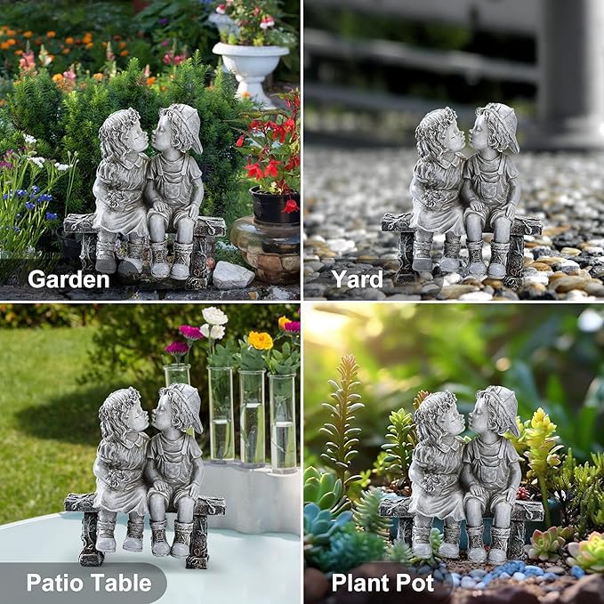 Lily's Home First Kiss Resin Garden Statue, Little Girl and Boy Kissing Yard Miniature Figurine,Small and Exquisite, 9 Inch