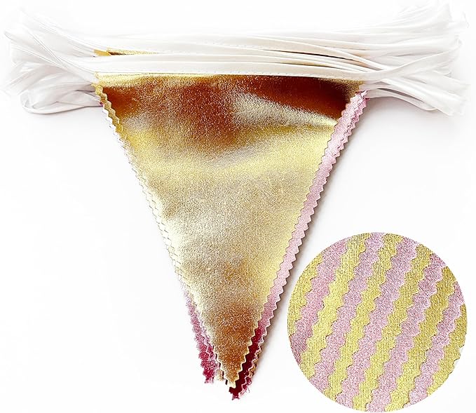 Pink Gold Party Decoration Metallic Fabric Light Pink Gold Triangle Pennant Banner Flag Bunting Garland for Women Girl Birthday Retirement Graduations Bridal Shower Wedding Baby Shower Party Supplies
