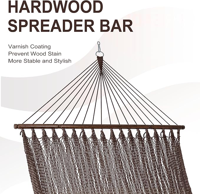 Lazy Daze Hammocks 10.5 FT Double 2 Person Caribbean Rope Hammock, Hand Woven Polyester Hammock with Spreader Bars for Outdoor Backyard Patio Poolside, 450 LBS Capacity, Brown