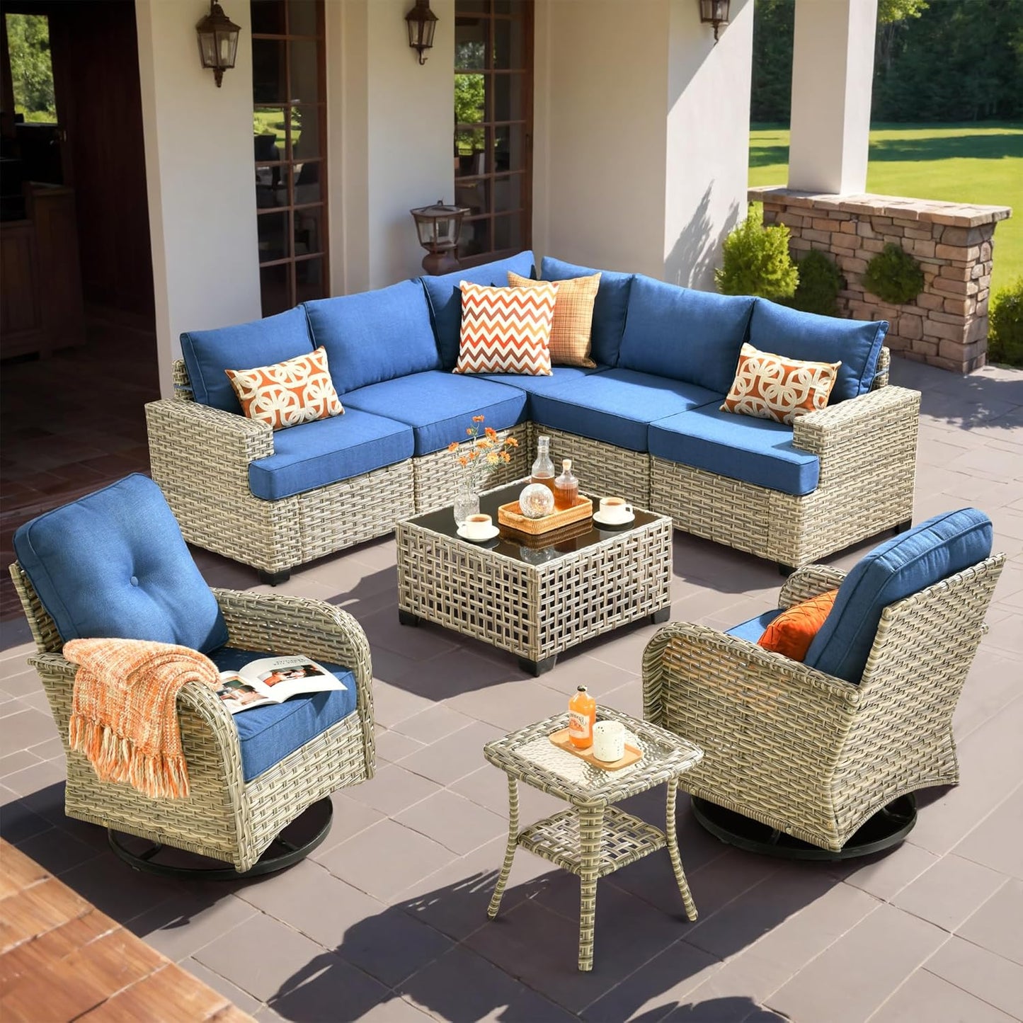 HOOOWOOO Outdoor Sectional Patio Furniture Set,9 Pieces Wicker Conversation Sets L Shaped Couch,Extra Deep Out Door Sofa Outside Furniture with Rocking Chairs,Denim Blue