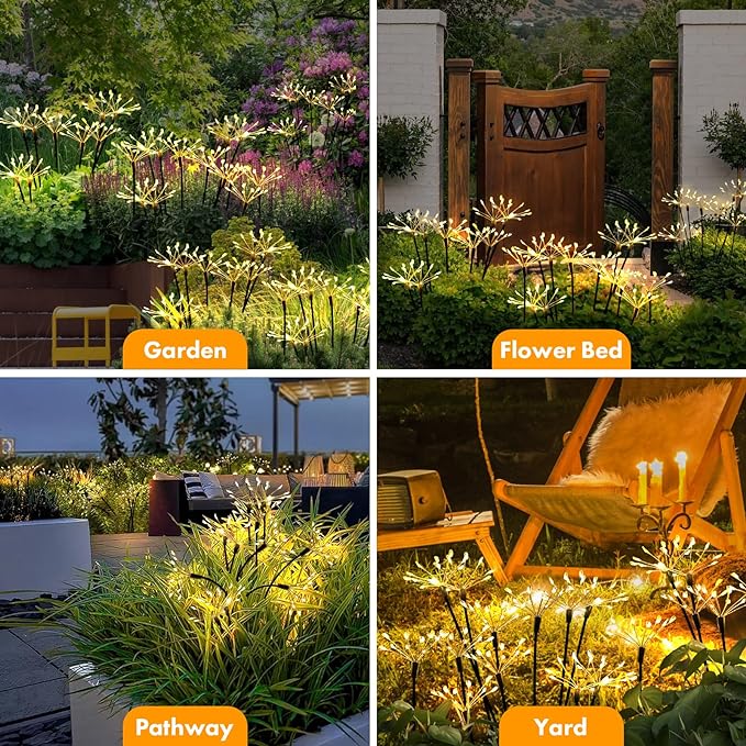 Solar Garden Light 4 Pack Twinkling Solar Firework Lights with 2 Modes 240LED, Solar-Powered Outdoor Waterproof for Outside Yard Pathway Garden Decor, Gardening Gifts for Women Mothers Day, Warm