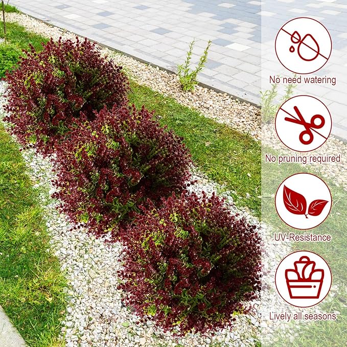 Yunlly 4 Pcs 18 Inch Artificial Boxwood Ball Topiary Tree Fake Outdoor Plants Bush, UV Resistance Faux Shrub with Spike Realistic Greenery Potted for Indoor Garden Yard Porch Patio Decor (Purple Red)