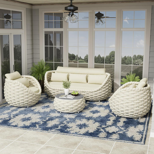 Woven Rope Outdoor Sofa Set: 4 Pieces Aluminum Patio Conversation Set Assembled - All Weather Cushioned Porch Furniture Couch - Modern Metal Lounge Set for Deck Yard Resort Hotel Sunroom, Beige