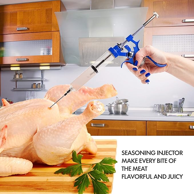Meat Injector Marinade Gun Stainless Steel Outdoor Kit Flavor Food Syringes & 4 Marinades Needles for BBQ Grill Smoker Injectors Professional Syringe Held Culinary Barbecue Tool (Blue)