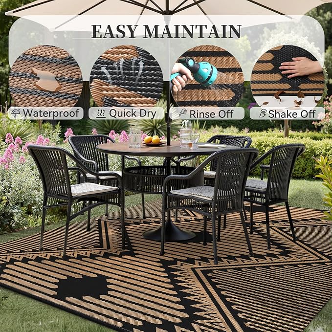 MontVoo Outdoor Rug-Waterproof Camping Rug Patio Rug Mat 6x9 Reversible Plastic Straw Outside Outdoor Rug for RV Camping Picnic Balcony Backyard Pool Deck Porch Modern Boho Black Brown