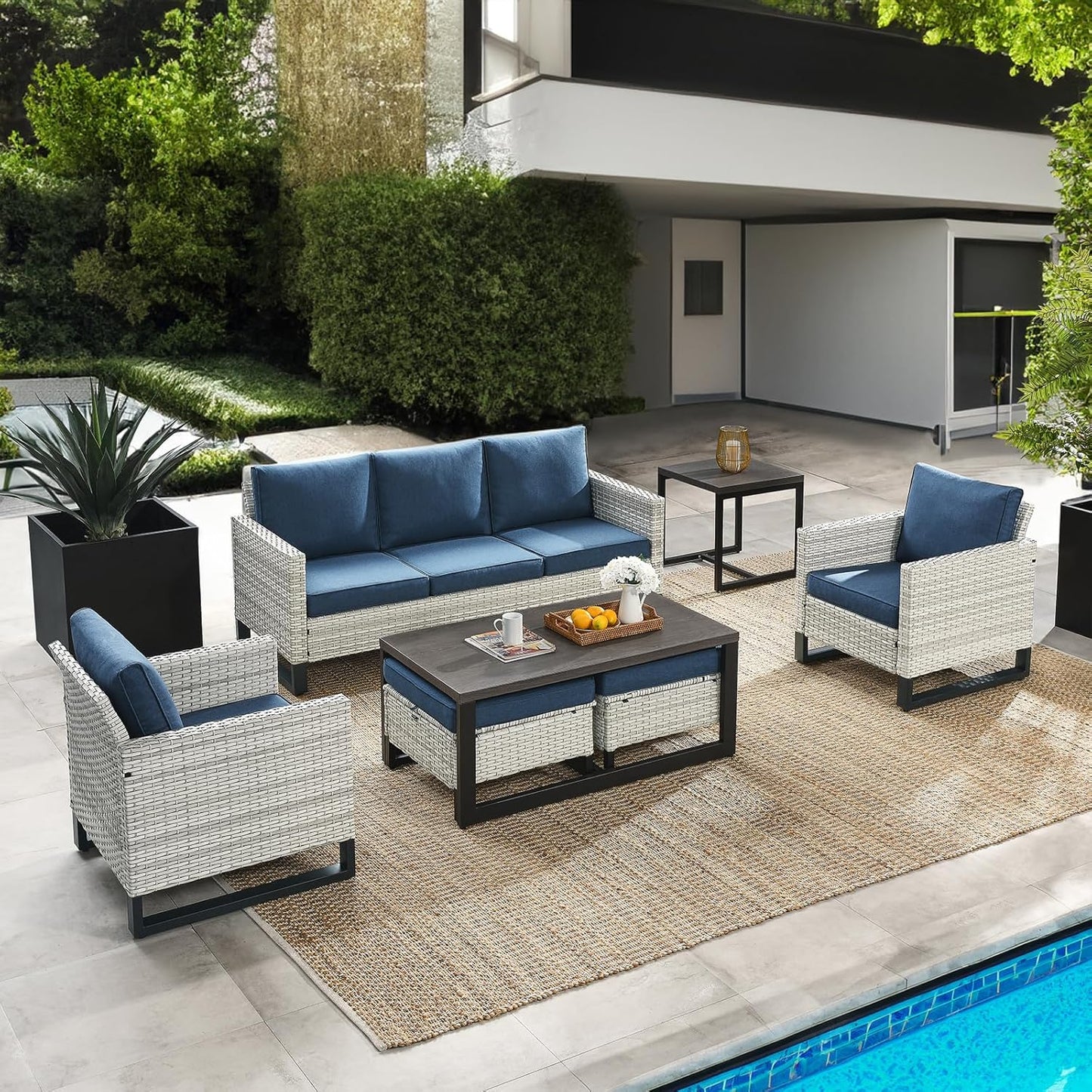 HUMMUH 7 Piece Patio Furniture All Weather Wicker Outdoor Sectional Sofa with Side Table,High Back Patio Chairs,Coffee Table and Ottomans Set for Porch,Garden,Backyard