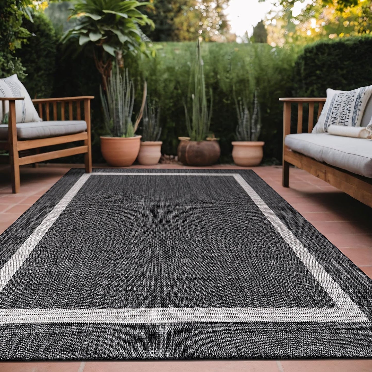 Bordered Outdoor Rug 6x9 Washable Outside Carpet for Indoor Patio Porch Waterproof Easy Cleaning Non Shedding Area Rugs Gray 6 x 9