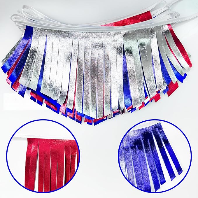 Blue Red Silver Tassel Banner Metallic Fabric Pennant Bunting Flag for 4th of July American USA National Day Patriotic Veterans Graduation Wedding Birthday Retirement Nautical Party Decorations