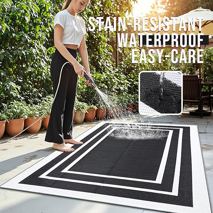 OLANLY Outdoor Rug 5x8 ft Waterproof, Reversible Outdoor Plastic Straw Rug, RV Mat, Indoor Outdoor Carpet Clearance for Patio, Camping, Balcony, Deck, Backyard, Black & White