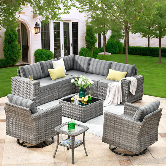 ovios 9 Pieces Patio Furniture Set, Outdoor Wicker Sectional Sofa with 2 Swivel Chairs Coffee Table, Modern Modular Deep Seat Rattan Couch Conversation Sets, Dark Gray Stripe