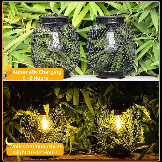 Solar Lanterns Outdoor Waterproof, 2 Pack Vintage Metal Solar Hanging Lanterns Outdoor with Hooks Solar Garden Decoration Lights Solar Lights Outdoor for Patio Balcony Yard Lawn, Black
