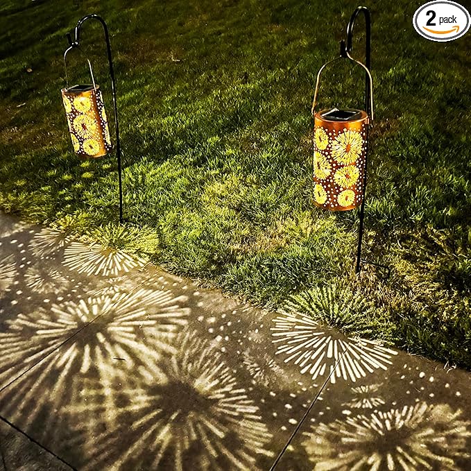 Mothers Day Gifts, 2 Pack Fireworks Solar Lanterns Outdoor Hanging Lantern Lights, Waterproof LED Garden Decorative Light for Patio Yard Pathway Lawn Front Porch Tree