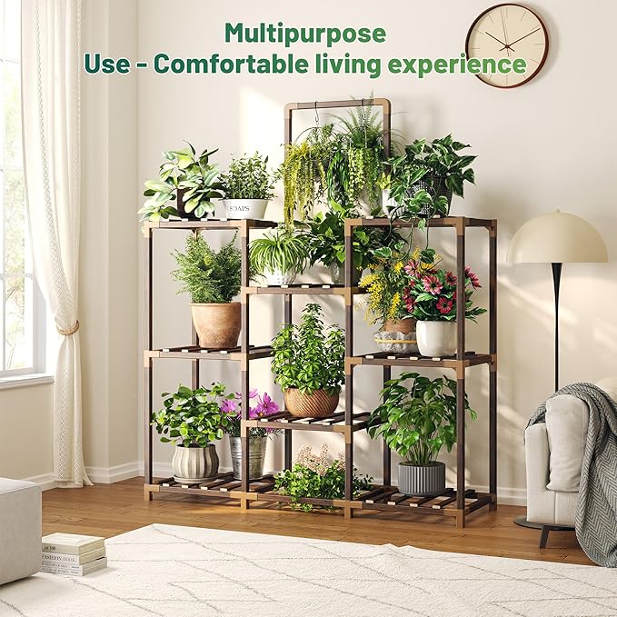 EnHomee Plant Stand Indoor Tall Plant Stand Outdoor Large Wood Plant Shelf Indoor for 12 Pots Plants,3-tiers Plant Holder for Patio Living Room Gardening Balcony 34.5" Wx47.3 Hx11.78 D