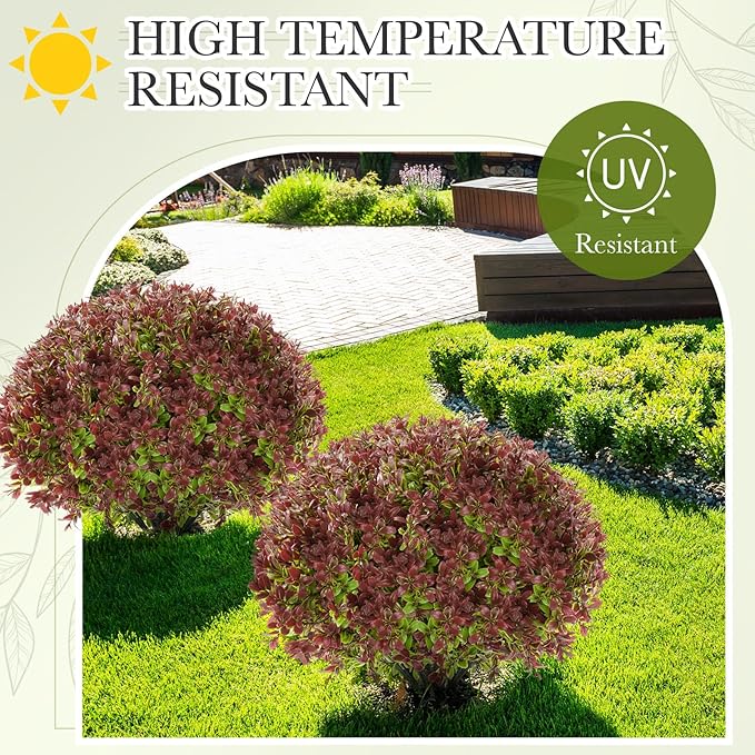 Yunlly 4 Pack 18" Artificial Boxwood Ball Bush Topiary Trees Fake Outdoor Plants, Realistic UV Resistance Faux Shrubs with Spike Greenery Topiary for Front Porch Garden Yard Patio Indoor (Dark Red)