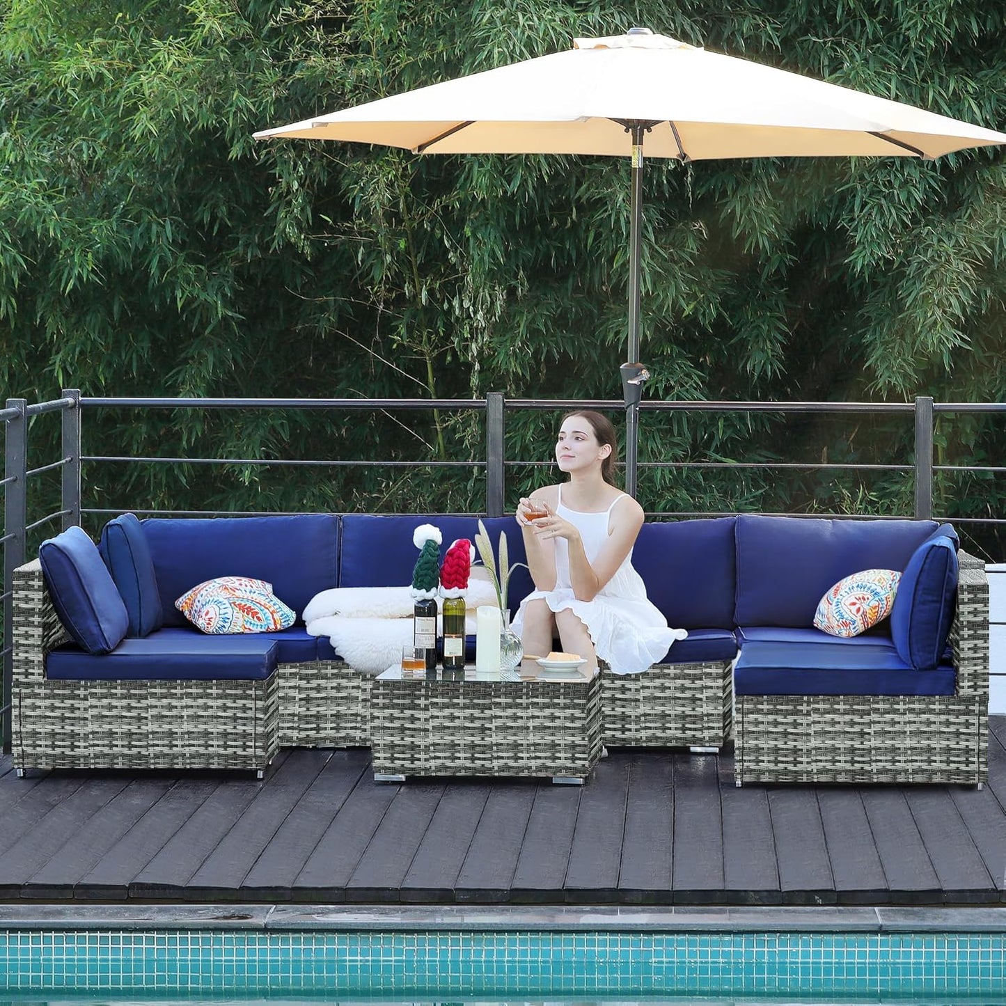 7-Piece Patio Furniture Set - Outdoor Sectional Sofa Set with Cushions and Glass-Top Coffee Table for Gardens, Poolside, Backyards and Porches, Grey/Navy Blue