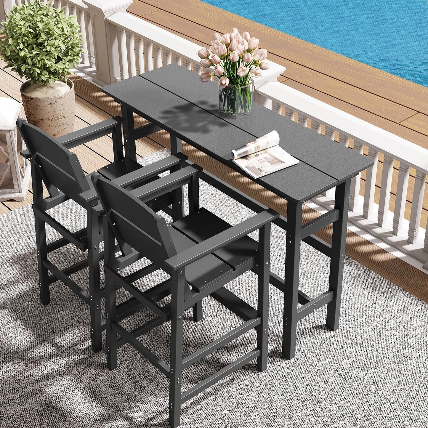 Bar Height Patio Table and Chairs Set, 3-Piece HDPE Outdoor Adirondack Bar Chairs and Patio Table, All-Weather Patio Furniture for Poolside, Backyard, Garden, High Top Patio Bar Set, Grey