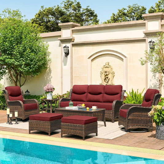 HILLGA Luxury Patio Furniture Set with 6-inch Thick Cushion, Outdoor Couch and High Back Swivel Rocker Patio Chairs, 7PCS Wicker Conversation Set for Deck Yard and Poolside, Burgundy (V2)