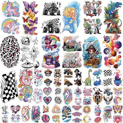 52 Pcs Temporary Tattoo for Kids Full Arm Mermaid Butterfly Cat Truck Dinosaur Rocket Planet Cute Animal Body Face Fake Arm Tattoos for Girls Boys Tiny Tattoo Stickers Birthday Gifts Party Supplies