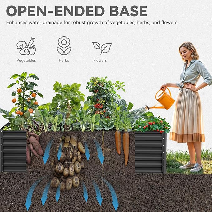 YITAHOME 8x4x2ft 2pcs Large Raised Garden Bed Kit, Galvanized Metal Planter Box with Gloves, Ground Nails & Safety Rubber, Outdoor Above Ground Planters for Plants Vegetables Flowers, Black