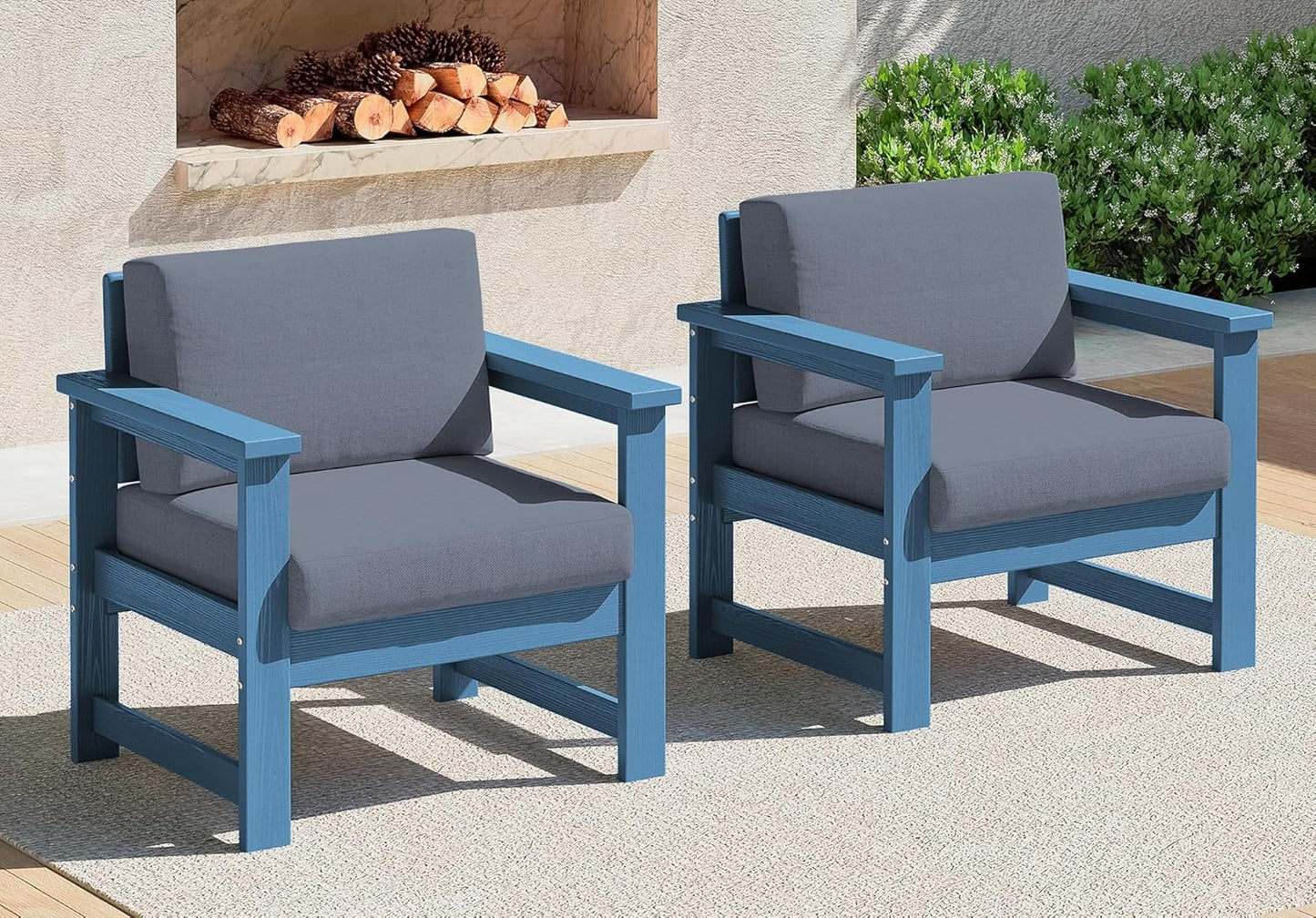 SERWALL 2 Pieces Single Cushioned Lounge Chair, Blue HDPE Outdoor Adirondack Sofa Armchair with Grey Cushion