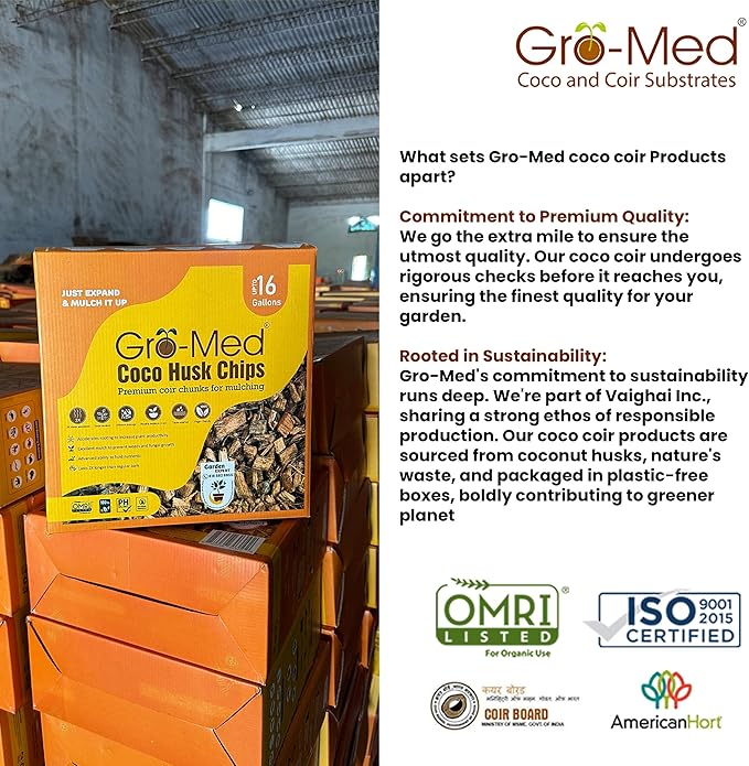Gro-Med Coco Husk Chips Block 10lb Expands Upto 16 Gallons Coconut Chip Substrate, Coco Coir Husk Mulch for Gardening, Indoor, Outdoor Plants Orchid Bark Alternative - OMRI Listed, Low ECB alanced pH