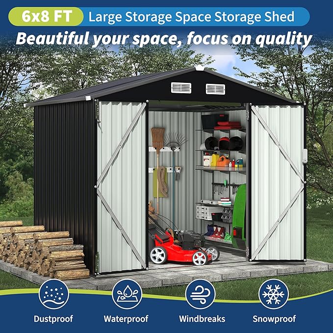6x8 FT Metal Storage Sheds Outdoor, Metal Yard Sheds MetalGarden Shed Kit, MetalTool Shed with Lockable Door, Utility Buildings with Air Vent for Backyard Garden Patio Lawn