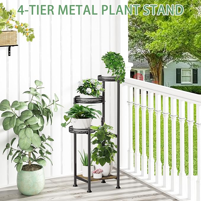 4 Tier Plant Stands Indoor Clearance , 31.5 Tall Corner Plant Shelf for Multiple Plants, Black Metal Wood Tall Plant Display Rack Flower Holder for Patio Porch Garden Balcony Bedroom