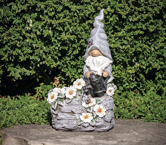 Roman, 13.5" H Gnome and Flowers Garden Fountain, Outdoor Decor, Decorative Garden Statue