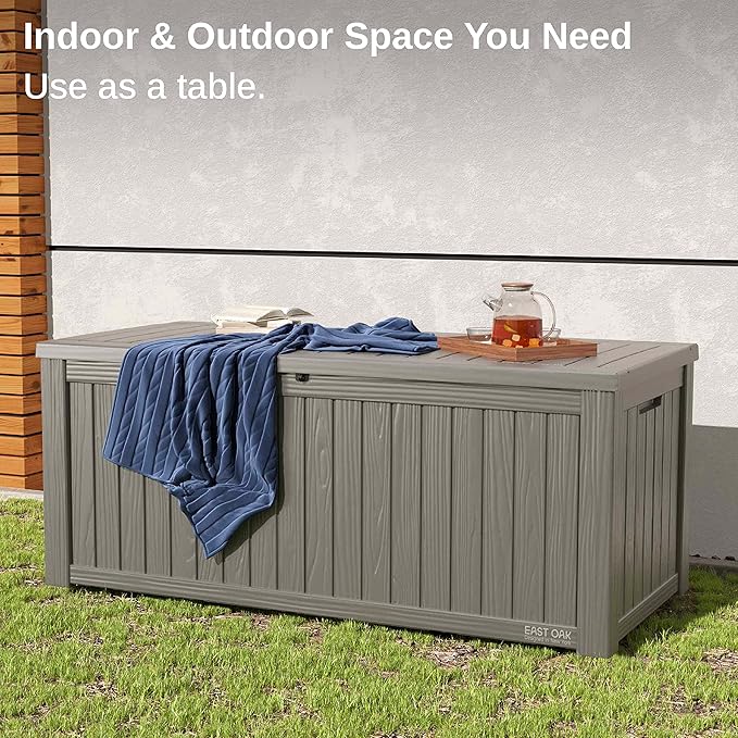 EAST OAK Outdoor Storage Box, 150 Gallon Deck Box, Large Resin Storage Bin for Patio Cushions, Gardening Tools, Lockable, Waterproof and UV Resistant, Grey