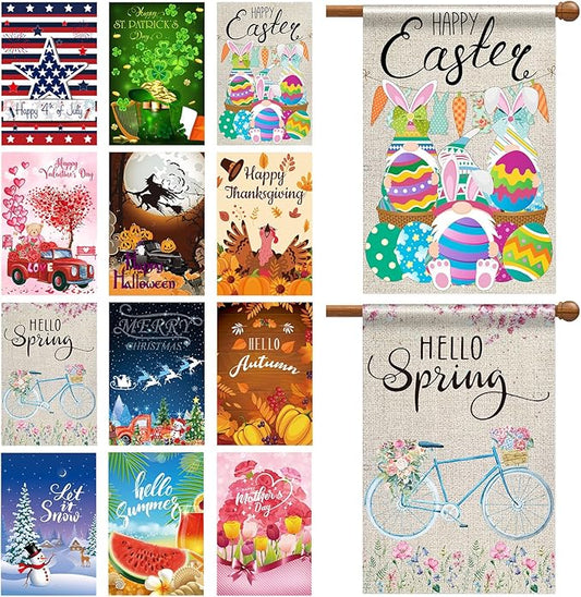12 Pack 28 x 40 Inch Seasonal Spring Large Holiday Yard Flags Easter 4th of July Garden Lawn Double Sided Seasonal Flags Polyester Festive Set for Outdoor Decoration